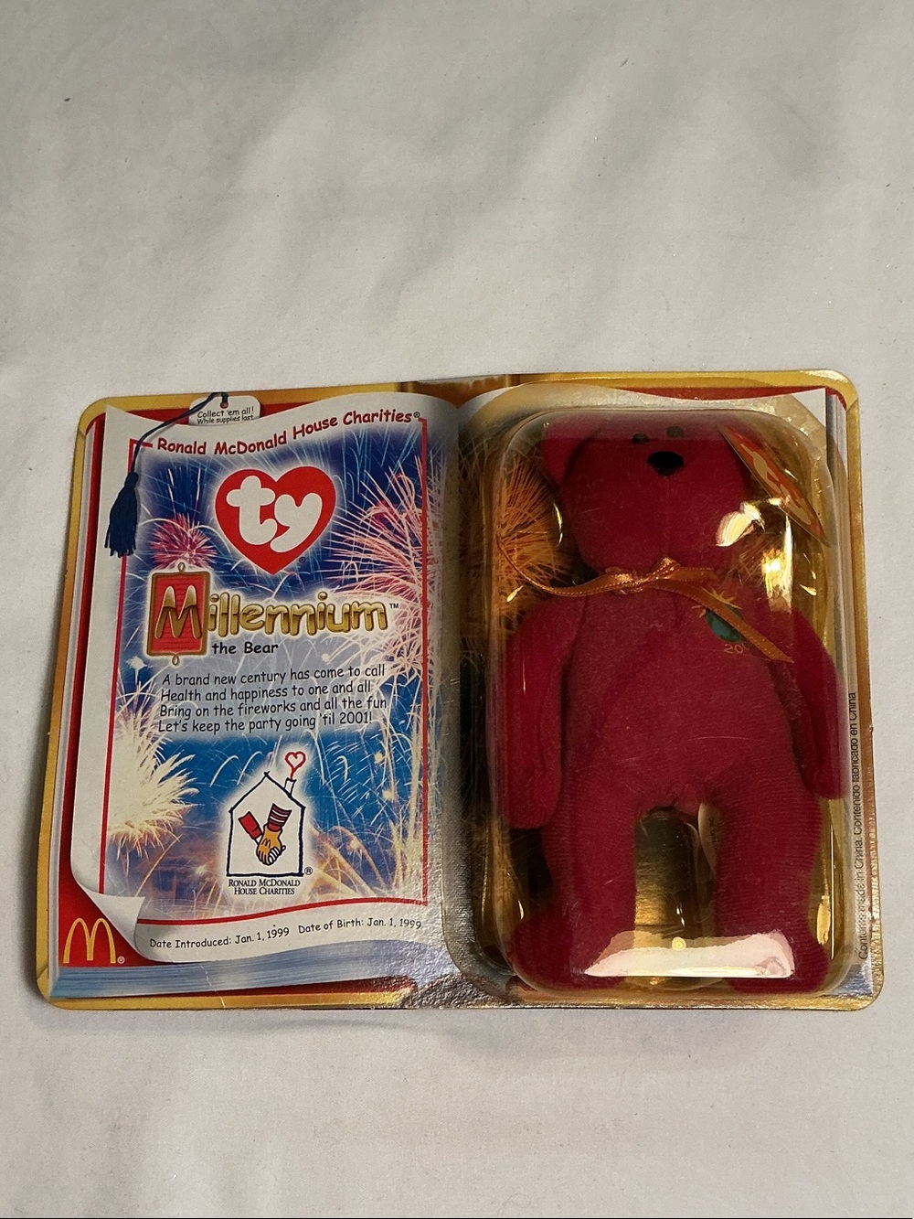 Ty Millennium Bear Plush - Red with Gold Ribbon